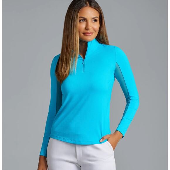IBKUL Mock Neck Half Zip Long Sleeve Top Turquoise XL - Picture 1 of 9